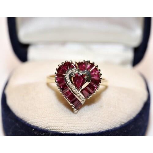 Perfect Old 14K Gold Vintage Natural Diamond and Caliber Ruby Decorated Strong Heart Syle Ring