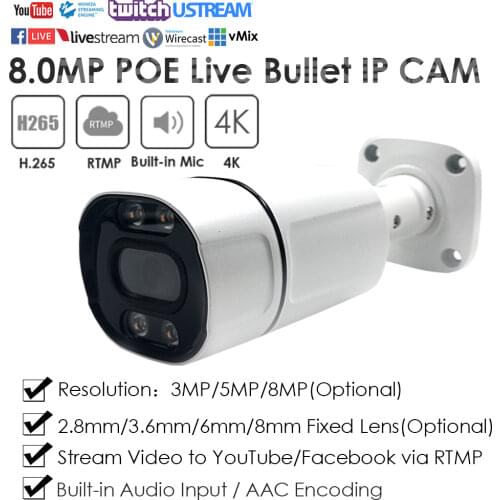 4K POE Distortionless lens Compact Waterproof Bullet Live Streaming IP Camera Push Live Video to YouTube Facebook Vimeo etc