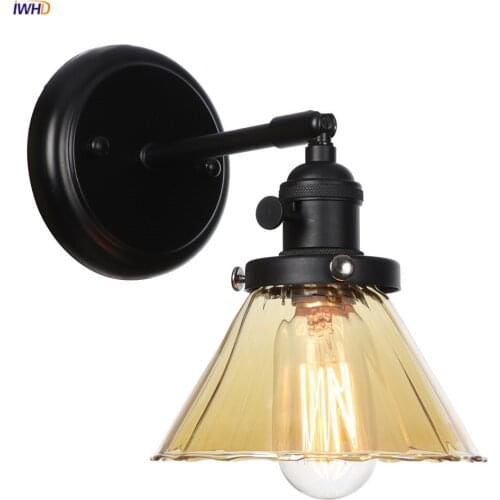 IWHD Nordic Style Black Iron Wall Lamp Switch Bedroom Bathroom Mirror Light Amber Glass Edison LED Wall Sconce Wandlamp Lighting