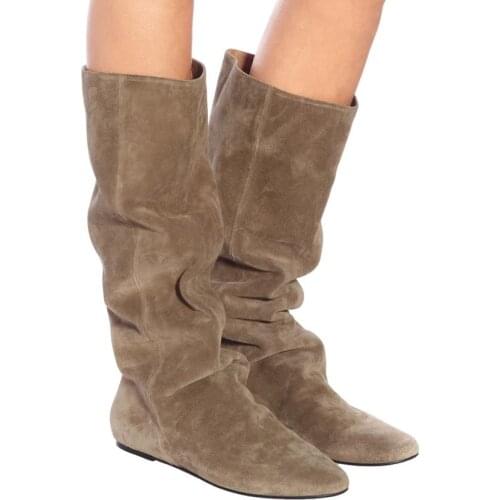 Western Fashion Cow Suede Women Flats Boots Female Chise Slip On Mid Calf Boots Pointed Toe Simple Martin Bottine Zapatos