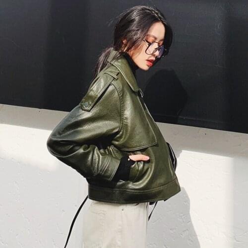 Streetwear Women Black Green Short Faux pu Leather Jacket New Spring 2021 Ladies Loose High Quality Punk MOTO Biker jacket Z056