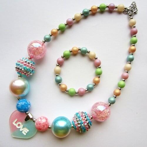 Girl Children Kids Lovely Valentines Day Gift Heart Charm Macaron Color Beads Toddler Bubblegum Necklace Bracelet Jewelry Set
