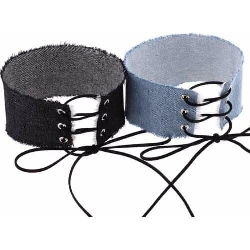 Simple Hippie Wide Dark Navy Blue Black Denim Jeans Fabric Lace Up Tie Lock Adjustable Choker Necklace For Women DIY Material