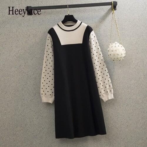 Plus Size Women Autumn Winter Knitted sweater Dress polka Long Sleeve Round Colar Vintage High Waist A-line knitting Dresses