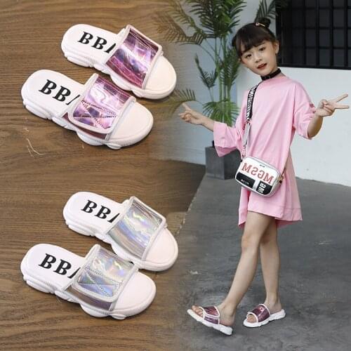 2020 Fashion Kids Slippers for Girls Summer Shoes Shiny Beach Slippers Indoor Outdoor Children Slides Thick TPR Soft Sole 26-36