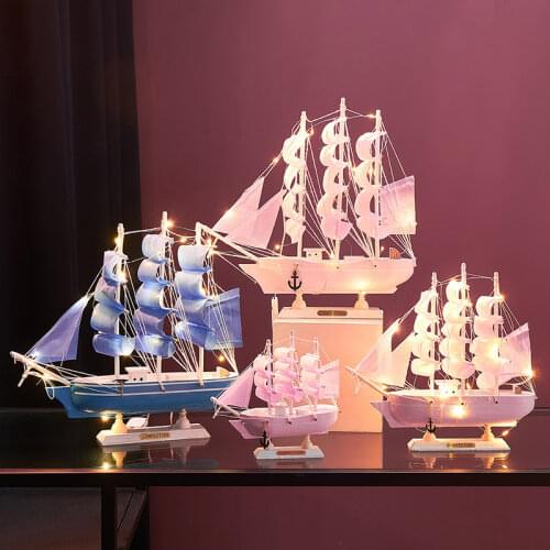 Nordic Home Decor Ship Figurines Pink/blue Wooden Sailing Model Ship Ninght Light Desktop Decoration Crafts Christmas Decoration