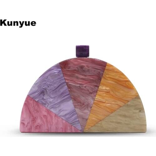 Stylish New Coloful Acrylic Evening Bags Lady Patchwork Clutch Purse Elegant Semi-Circle Wedding Party Prom Chic Wallet Handbags
