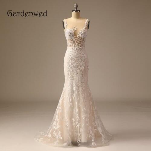 Gardenwed Lace Mermaid Bridal Gowns Beading Sheer Neckline Fish Tail Sweep Train Wedding Dresses Illusion Back