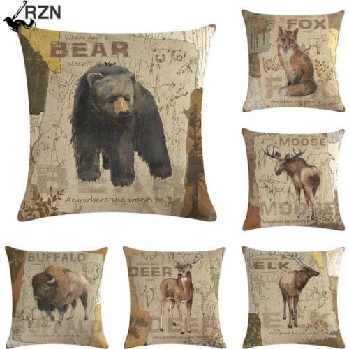 45x45cm Animal Polyester Cushion Cover Bear Pillowcase Wolf Owl Fox Moose Deer Elk Vintage Throw Pillow Cover