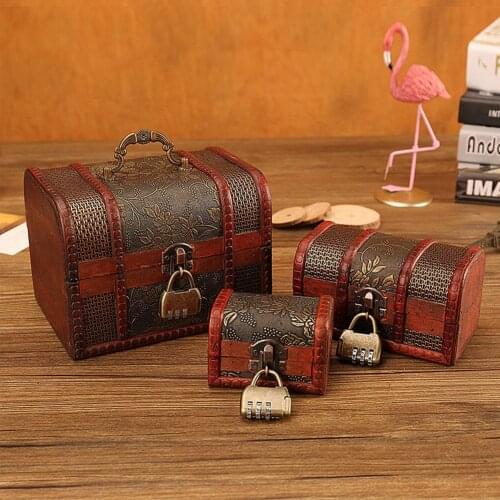 Vintage Retro Wood Case With Lock Storage Container Box Trinket Jewelry Box Bracelet Pearl Ring Wooden Treasure Chest Organizer