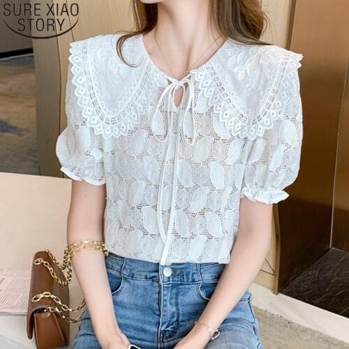 Cotton Blouse Women Lace Shirt Sweet Peter Pan Collar Blouse 2021 Summer New Lace-Up Shirt Tops Puff Sleeve Clothes Blusas 15263