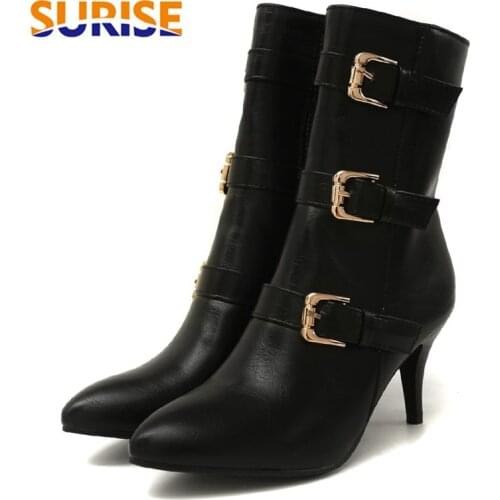 Winter Spring PU Leather Women Mid-calf Boots 6.5cm Thin Spike High Heel Black Casual Lady Pointed Toe Buckle Zipper Half Boots