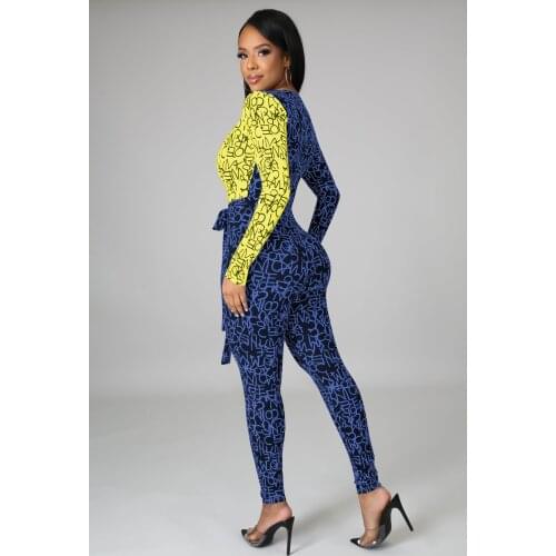 Jumpsuits Women Spring Autumn Letter Print Patchwork Bandage V-Neck Long Sleeve Combinaison Femme Overalls For Women Monos Mujer