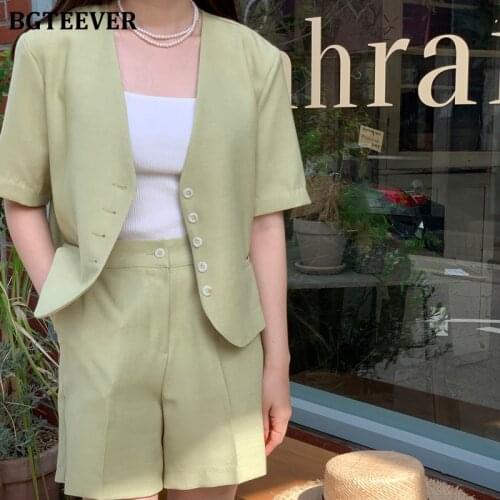 BGTEEVER Summer Solid Ladies 2 Pieces Blazer Set Short Sleeve Single-breasted Tops & Wide Leg Shorts Elegant Women Shorts Suits