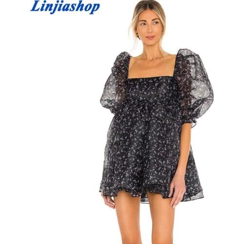 Woman Floral Dress Summer Retro Palace Style Square Collar Puff Sleeve Fluffy Dress Korean Organza Mini Princess Dress