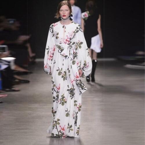 2021 new design women white dress with sashes flower printed maxi long dresses quality runway beach dress