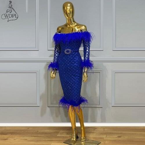 Royal Blue Knee Length Off the Shoulder Prom Dresses Short Glitter Lace Feathers Cocktail Dress 3/4 Long Sleeves Evening Gowns