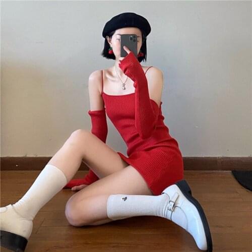 Spring Autumn Vintage Harajuku Red Sling Dress Women Temperament Slim Sexy Fashion Open Back A-line Mini Dress