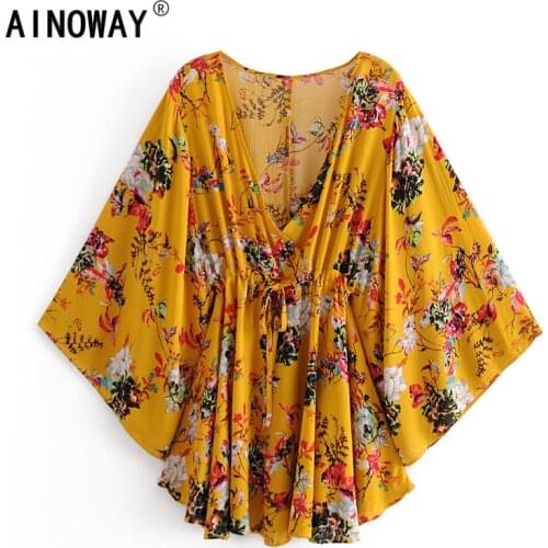 Vintage chic women yellow floral print deep v-neck bohemian mini dress ladies batwing sleeve rayon short dresses vestido