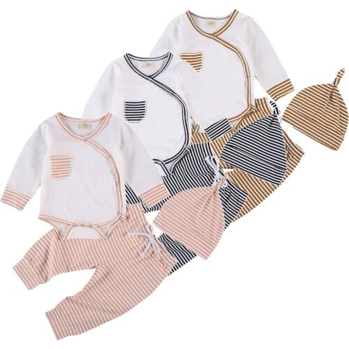 2020 Casual 0-18M Infant Baby Boy Girl Autumn Clothing V neck Pocket Long Sleeve Romper+Striped Long Pants Hat 3pcs Cotton Set