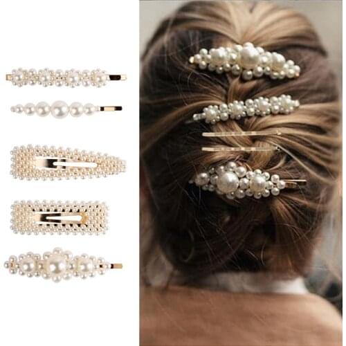 5Pcs/set Women Girls Elegant Imitation Pearls Geometric Hair Clips Sweet Hairpin Barrette Headband Hair Styling Tools