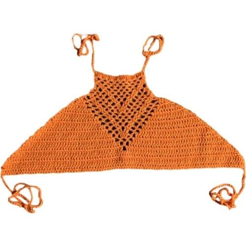 77JE Womens Summer Hollow Out Crochet Crop Top Halter Neck Boho Ethnic Bikini Bra Solid Color Bandage Backless Sleeveless Cover