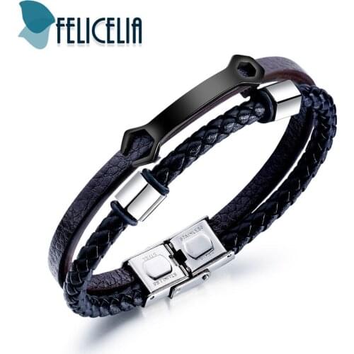 Felicelia Handmade Braided Leather Men Bracelet Black New Personality Jewelry