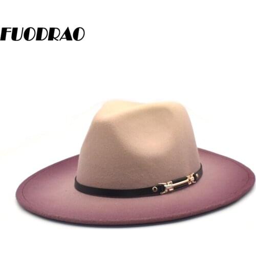 FUODRAO Autumn Winter Girls Fedoras Hat Wool Gradient Color Panama Women Jazz Cap Wide Brim British Travel Cowboy Hats D7