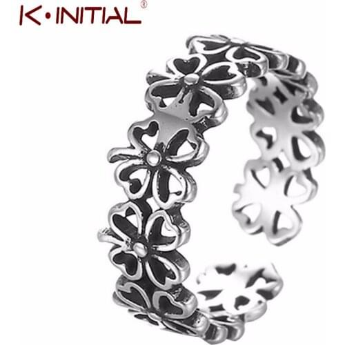 Kinitial Antique Flowers Stackable Rings Knuckle Midi Pinkie Finger Open Four Clover Ring for Teen Girl Fashion Jewelry