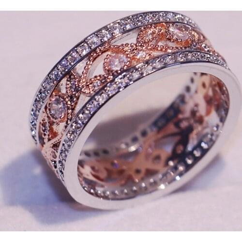 Vintage Fashion Jewelry 925 Sterling Silver&Rose Gold Filled 5A Cubic Zirconia CZ Party Women Wedding Engagement Leaf Ring Gift