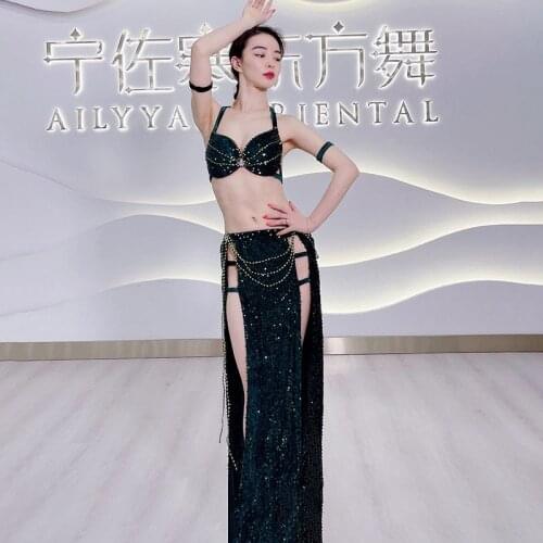 Women Belly Dance Performance Summer New Costume Oriental Dance Competition Sleeveless Hot luxurious diamond Bra+skirt set