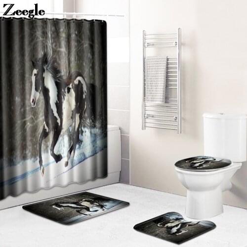 Bathroom Carpet Rug Bath Mat and Horse Printed Shower Curtain Set Absorbent Toilet Mat Anti-slip Floor Pad Bathroom Carpet Rug