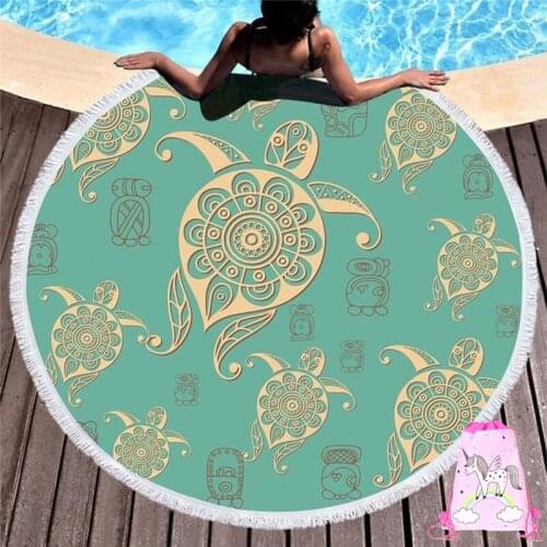 Turtle Print Ocean Round Beach Towel Tassels Microfiber Beach Towels For Living Room Home Decorative Drawstring Backpack Bag