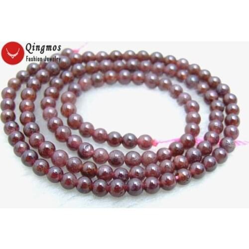 Qingmos 3-4mm Round Natural Brown Garnet Loose Beads for Jewelry Making DIY Necklace Bracelet Earring Stone Beads Strand 15"