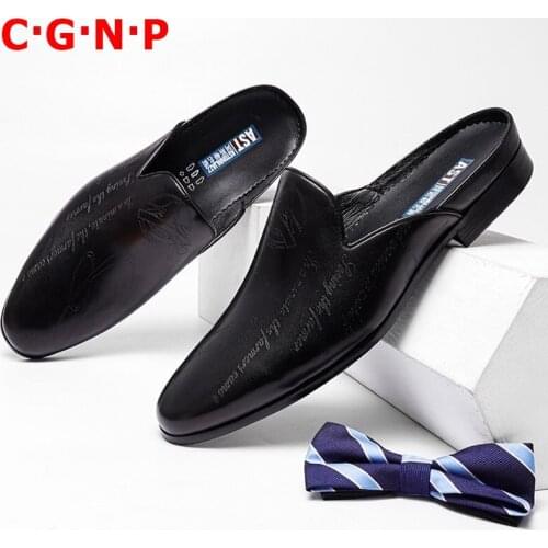 C·G·N·P British Style Summer Genuine Leather Half Shoes Men Letters Printed Loafers Handmade Slip On Casual Shoes Slippers