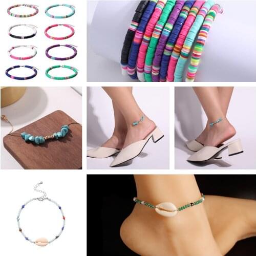 Fashion color handmade 6mm soft ceramic anklet female adjustable beach foot decoration summer shell seaside jewelry anklets