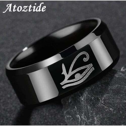 Atoztide 8mm Stainless Steel Engraved Eye Of Horus Rings Men Balck Punk Egyptian Wedjat Eye Finger Ring Amulet Jewelry