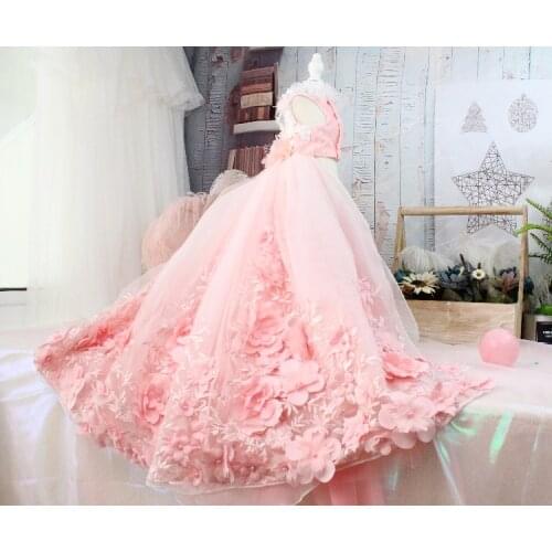 Handmade Luxurious Dog Clothes Wedding Gown Trailing Princess Dress Pink Evening Party 3D Flower Embroidery Skirt