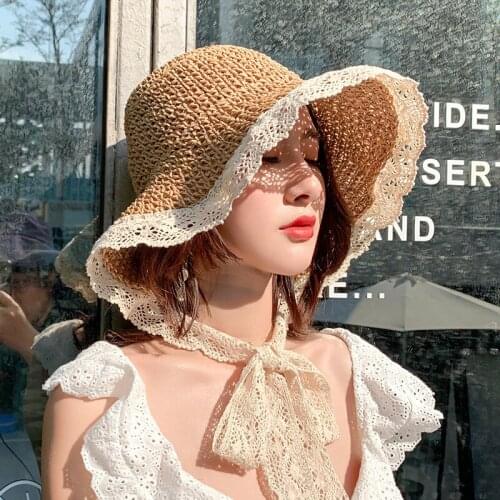 Large Brim Lace Hat Sun Hat Casual Women Hat Foldable Summer Travel straw Hat Female cap