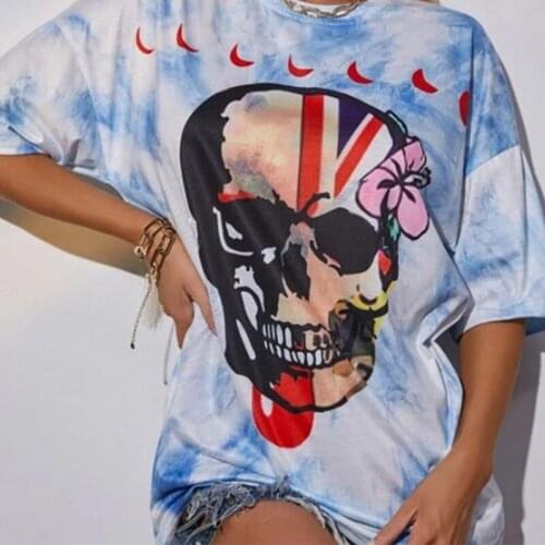 Skulls Print Tie Dye Loose Graphic T Shirts Women 2021 Summer Plus Size Short Sleeve Casual Skull T Shirt England Fashion Tops