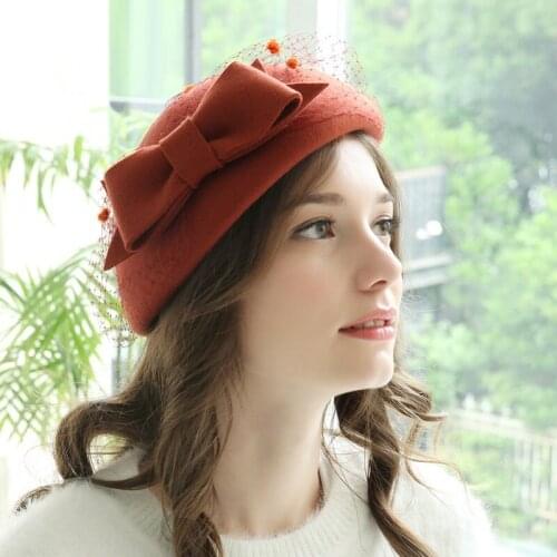 H7788 Women Beret Hat Autumn Winter Wool Felt Mesh Yarn Bowknot Cap Lady Elegant Korean Warm High Quality Fashion Shopping Hats