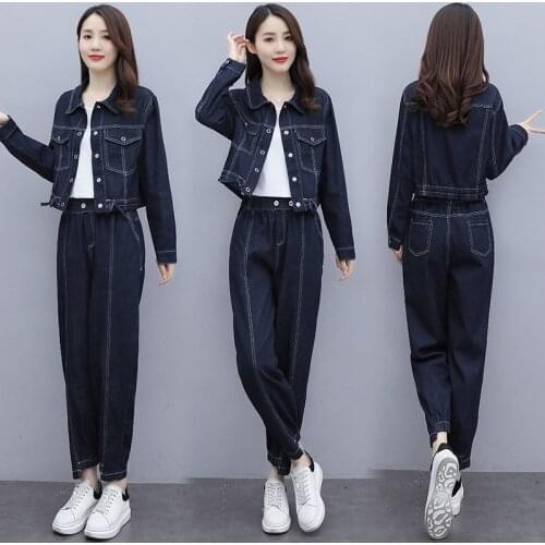 Two-Piece Set Women High Street Spring Autumn Denim Crop Tops + High Waist Pants Suits Pencil Jeans 2 Piece Sets Outfits X298