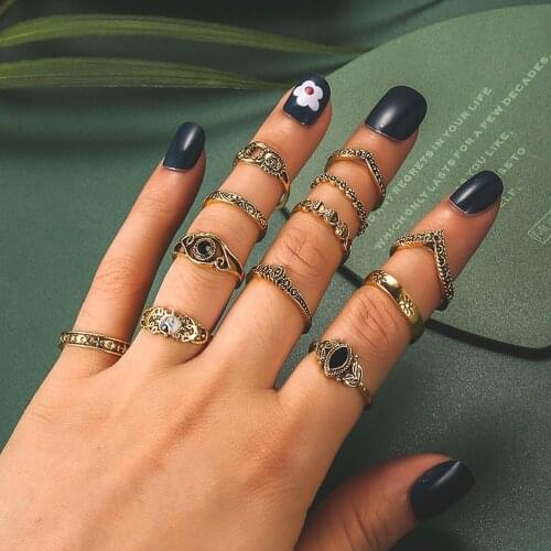 2021 Vintage Golden Womens Knuckle Ring Bohemian Black Gemstone Sun Carved Bagua Combination Female Ring 12 Pcs/Set of Jewelry
