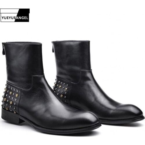 Brand Men Pointed Toe Formal Boots Luxury Business Back Zip Rivet 100% Real Leather Ankle Shoes Motocycle Bota Masculina 38-43