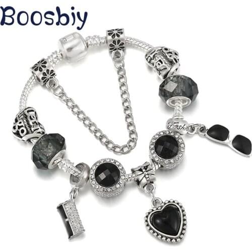 DIY Black Sunglasses & Bag Pendants Fit European Brand Silver Plated Charm Bracelet New Design Sexy Female Jewelry Gift