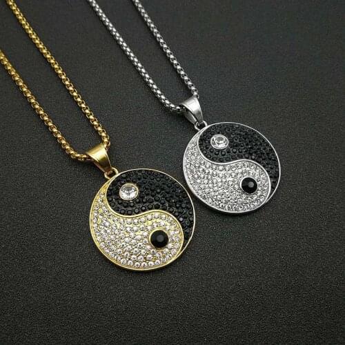 Hip Hop Iced Out Taoist Bagua Yin Yang Pendant Necklaces Gold Color Stainless Steel Chains For Women Men Jewelry Dropshipping