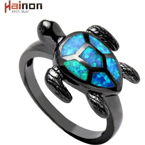 Blue Tortoise Fire Opal Ring for Women Black Gold Color Jewelry Engagement Animal Design Finger Gift Distribution Turtle Ring