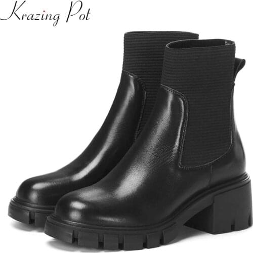 Krazing pot slip on Chelsea boots genuine leather round toe high heels solid daily wear women winter keep warm ankle boots L18
