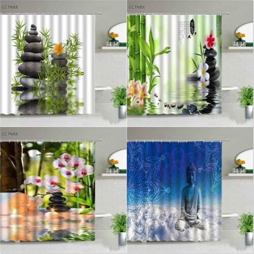 Landscape Shower Curtains Set Zen Stone Flowers Green Bamboo Buddha Meditation Luxury Bathroom Decor Screen With Hooks Washable