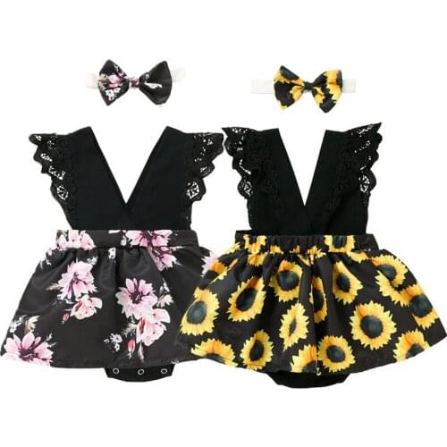 Summer Newborn Baby Girl’s Flower Romper Ruffled Lace Decoration Sleeveless V neck Jumpsuit with Headband